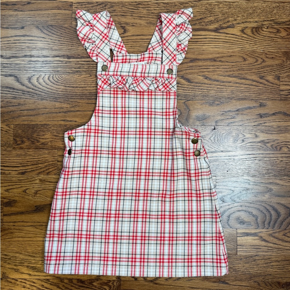 Max Studio Girls Red Tan Black White Plaid Ruffle Overall Jumper Dress 5T